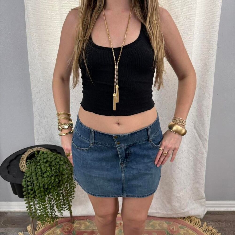 Vintage American Eagle blue denim mini skirt snap button waist